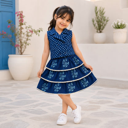 The Magic Wand Cotton Woven Sleeveless Polka Dots Waistcoat Top And Tiered Skirt Set - Teal Blue