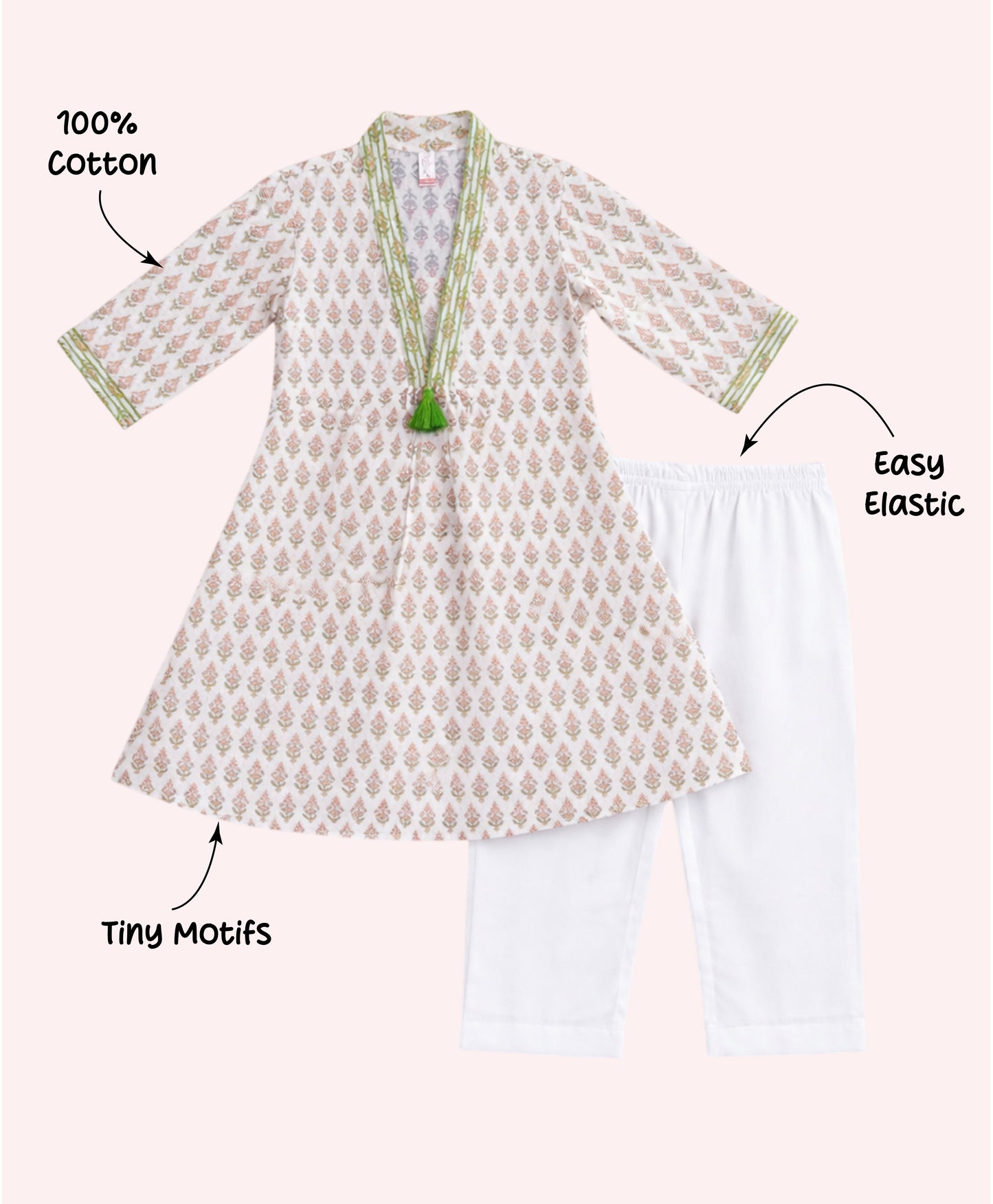 The Magic Wand Cambric Woven Three-Fourth Sleeves Butti Printed Kurti And Pant Set - Off White