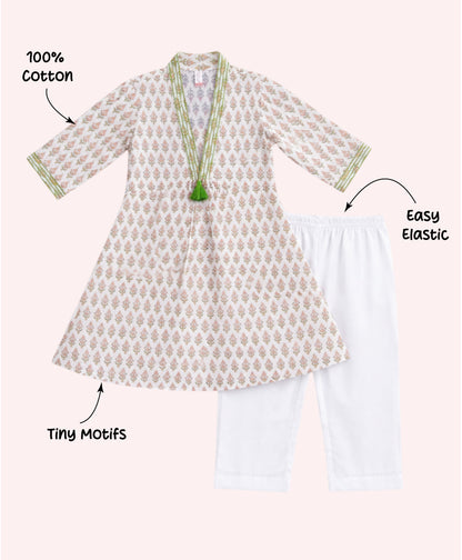 The Magic Wand Cambric Woven Three-Fourth Sleeves Butti Printed Kurti And Pant Set - Off White