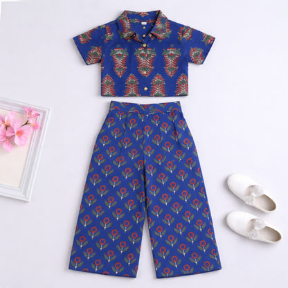 The Magic Wand Cambric Cotton Woven Half Sleeves Buta Printed Shirt And Pant Set - Royal Blue