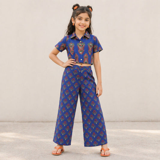 The Magic Wand Cambric Cotton Woven Half Sleeves Buta Printed Shirt And Pant Set - Royal Blue