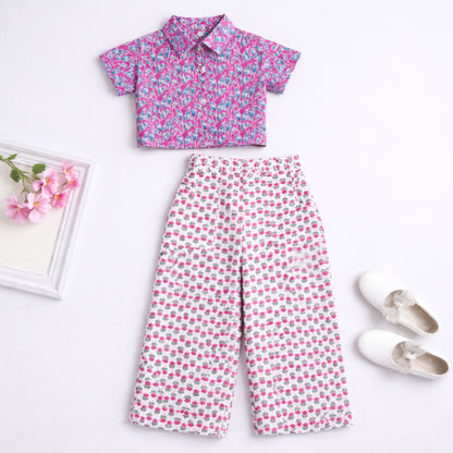the magic wand cambric cotton woven half sleeves floral printed shirt and pant set -pink
