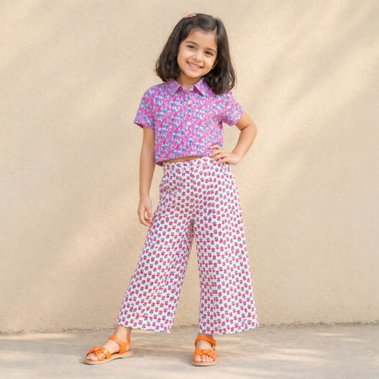 the magic wand cambric cotton woven half sleeves floral printed shirt and pant set -pink