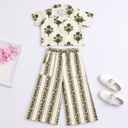 The Magic Wand Cambric Cotton Woven Half Sleeves Stripes Floral Printed Shirt And Pant Set - White