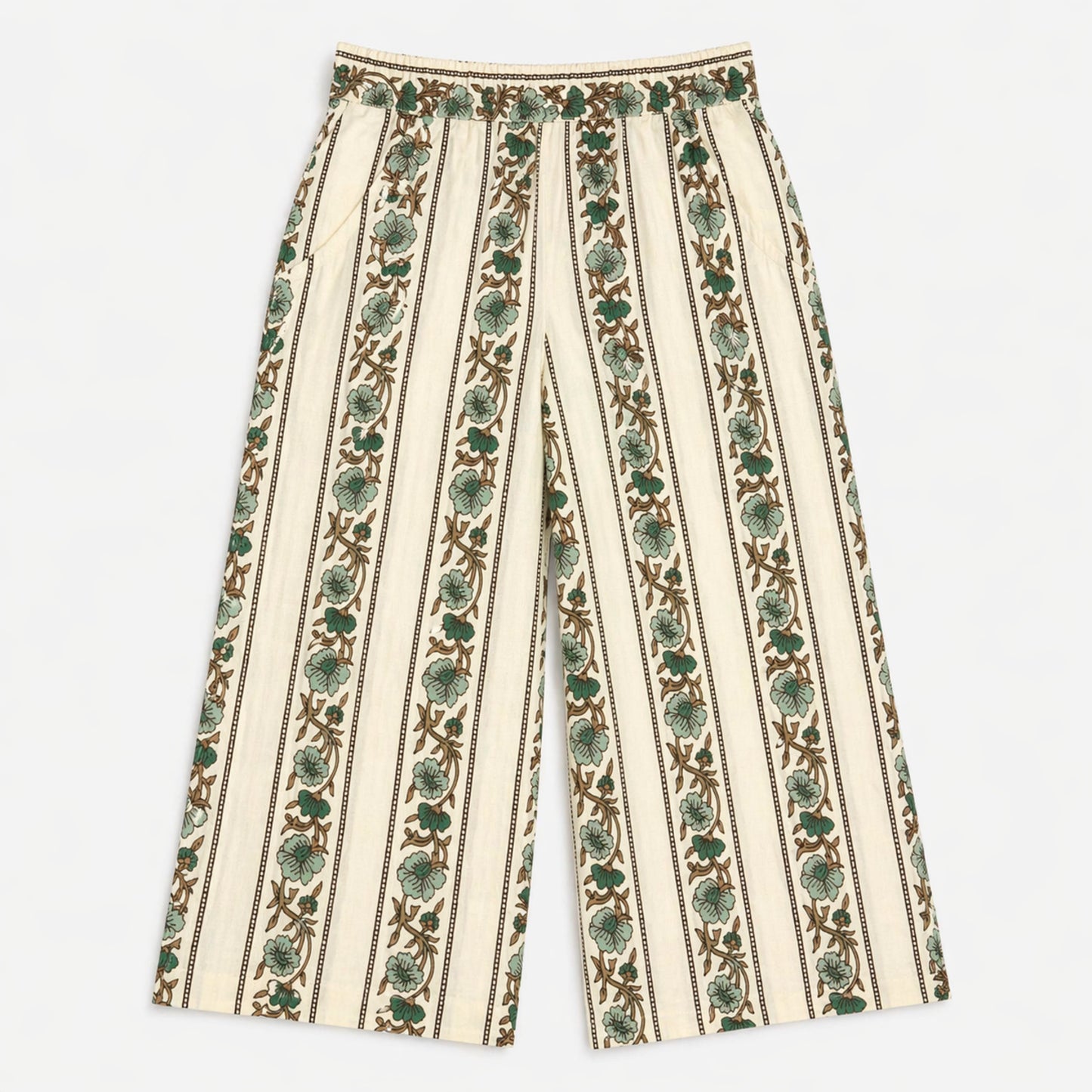 The Magic Wand Cambric Cotton Woven Half Sleeves Stripes Floral Printed Shirt And Pant Set - White