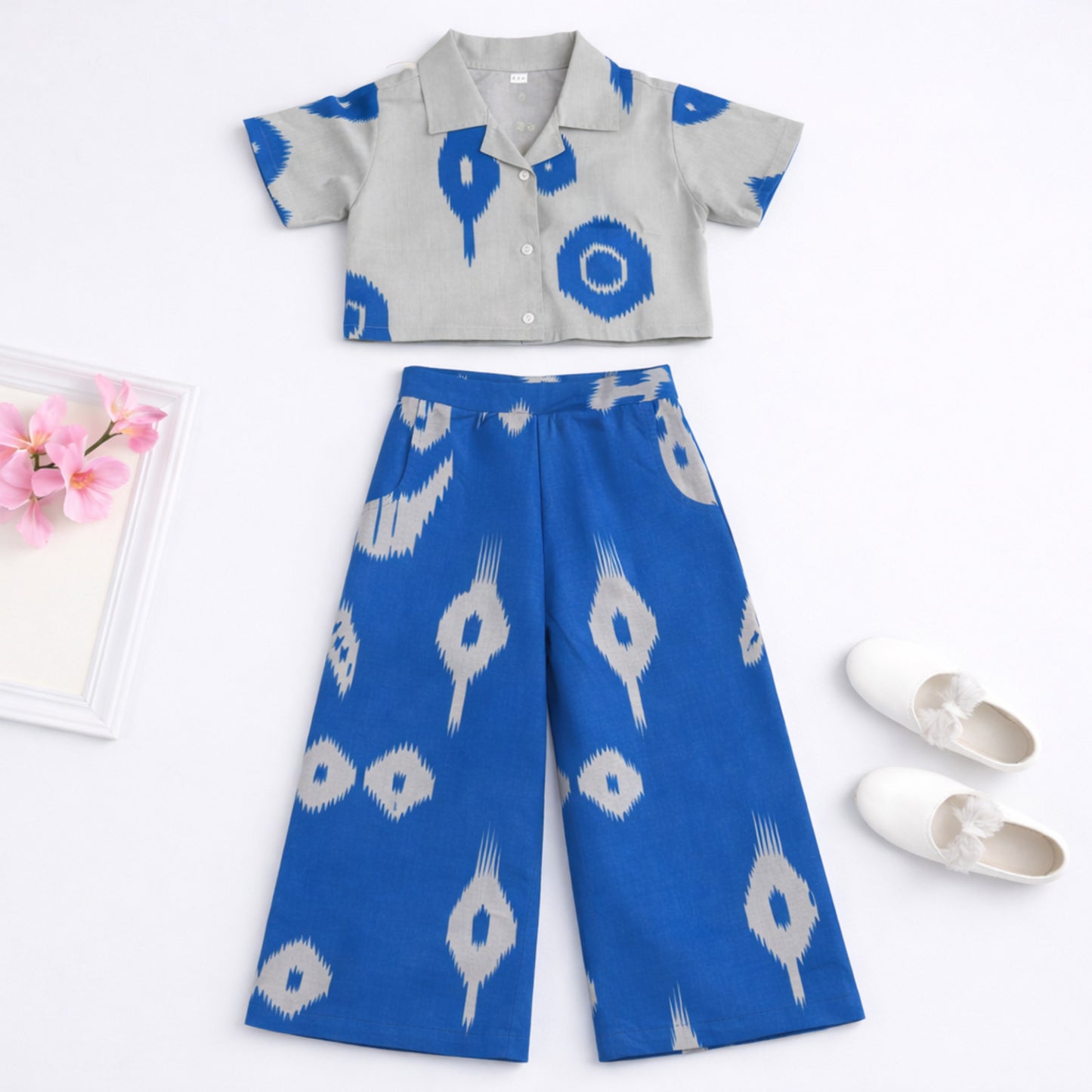 The Magic Wand Cambric Cotton Woven Half Sleeves Ikat Printed Shirt And Pant Set -Blue
