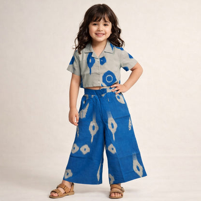 The Magic Wand Cambric Cotton Woven Half Sleeves Ikat Printed Shirt And Pant Set -Blue