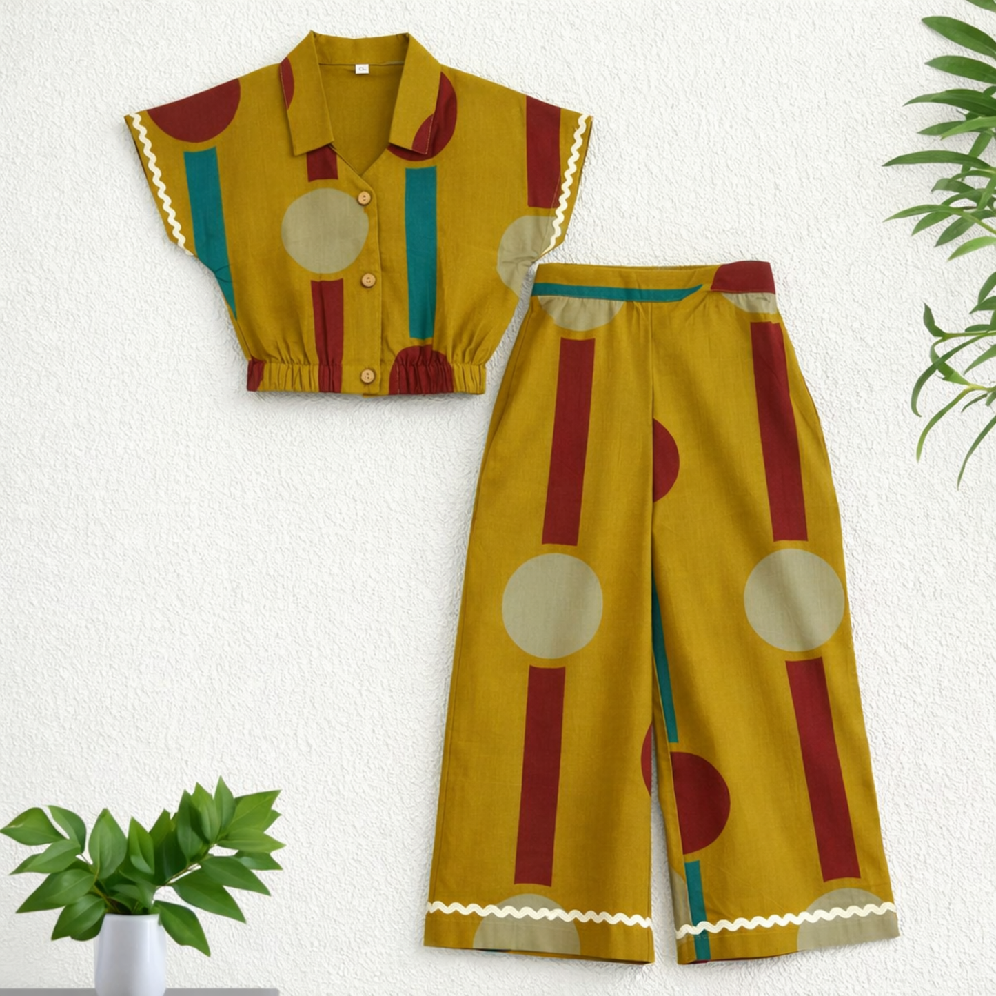 The Magic Wand Cambric Cotton Woven Half Sleeves Color Block Geometric Printed Boxy Crop Shirt And Pant Set - Mustard