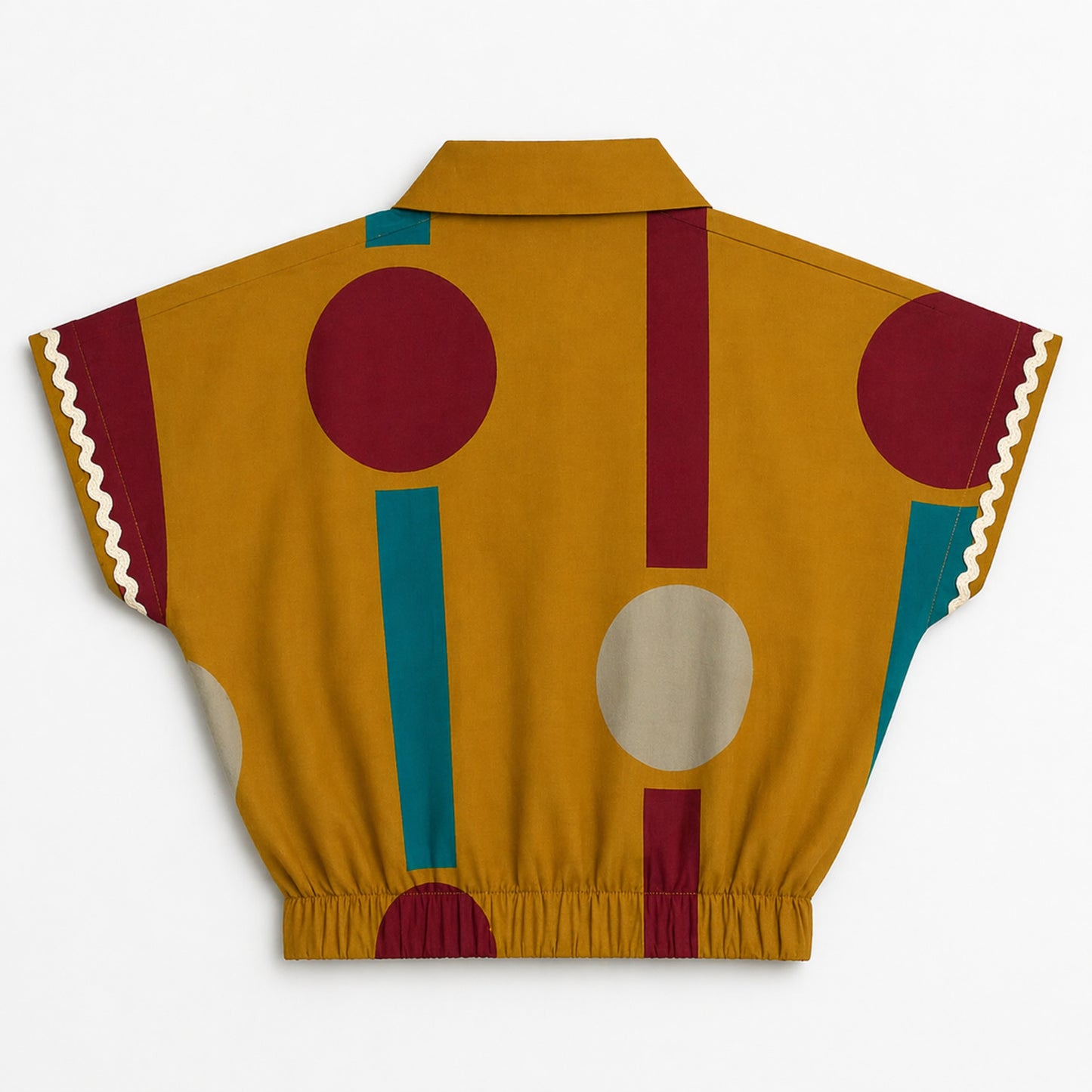 The Magic Wand Cambric Cotton Woven Half Sleeves Color Block Geometric Printed Boxy Crop Shirt And Pant Set - Mustard