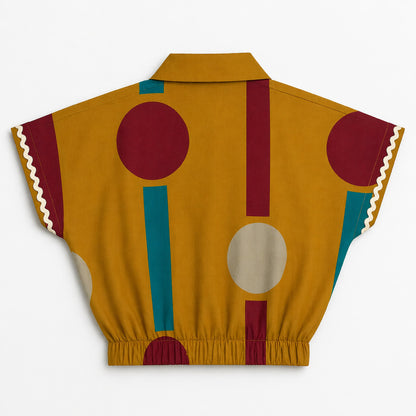 The Magic Wand Cambric Cotton Woven Half Sleeves Color Block Geometric Printed Boxy Crop Shirt And Pant Set - Mustard