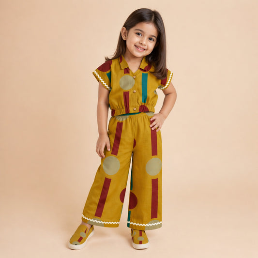 The Magic Wand Cambric Cotton Woven Half Sleeves Color Block Geometric Printed Boxy Crop Shirt And Pant Set - Mustard