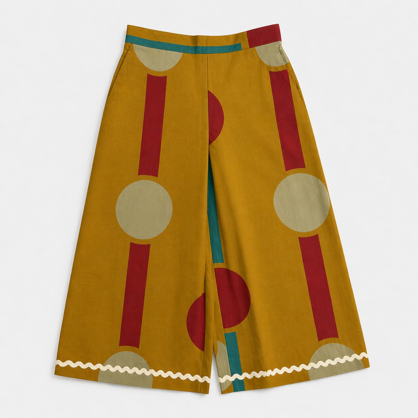 The Magic Wand Cambric Cotton Woven Half Sleeves Color Block Geometric Printed Boxy Crop Shirt And Pant Set - Mustard