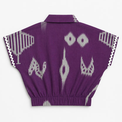 The Magic Wand Cambric Cotton Woven Half Sleeves Ikat Printed Boxy Crop Shirt And Pant Set - Purple