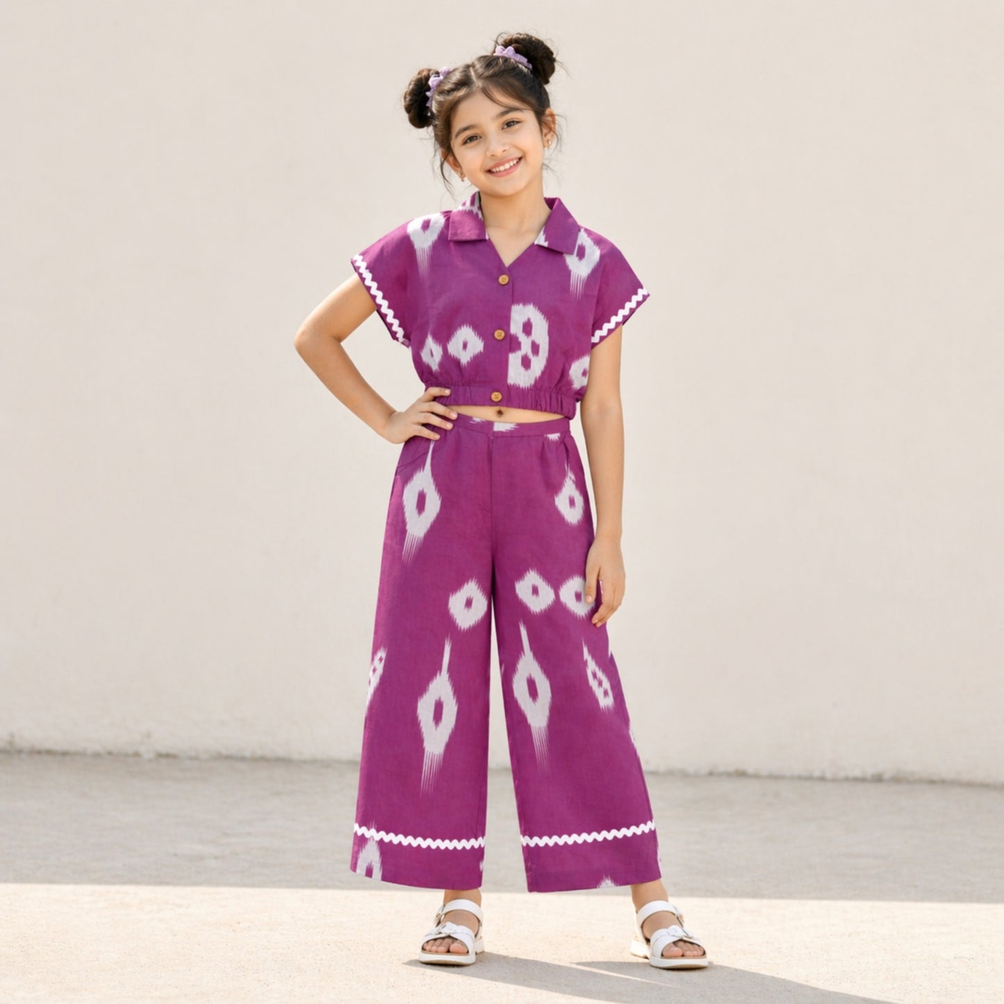 The Magic Wand Cambric Cotton Woven Half Sleeves Ikat Printed Boxy Crop Shirt And Pant Set - Purple