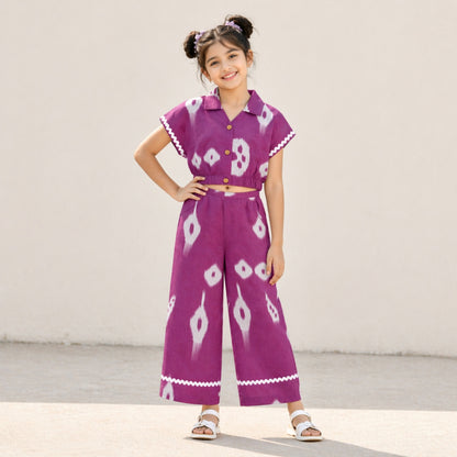 The Magic Wand Cambric Cotton Woven Half Sleeves Ikat Printed Boxy Crop Shirt And Pant Set - Purple