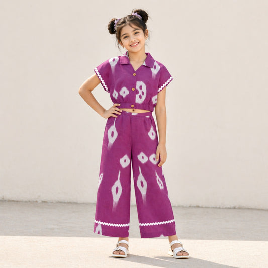 The Magic Wand Cambric Cotton Woven Half Sleeves Ikat Printed Boxy Crop Shirt And Pant Set - Purple