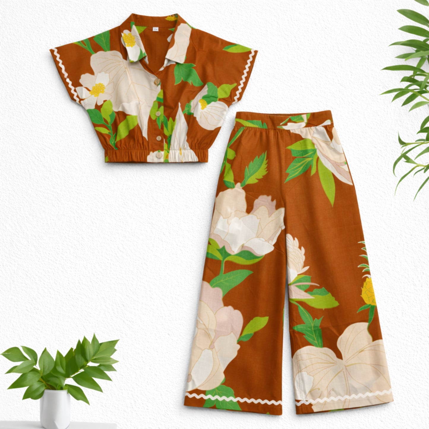 The Magic Wand Cambric Cotton Woven Half Sleeves Floral Printed Boxy Crop Shirt And Pant Set - Brown