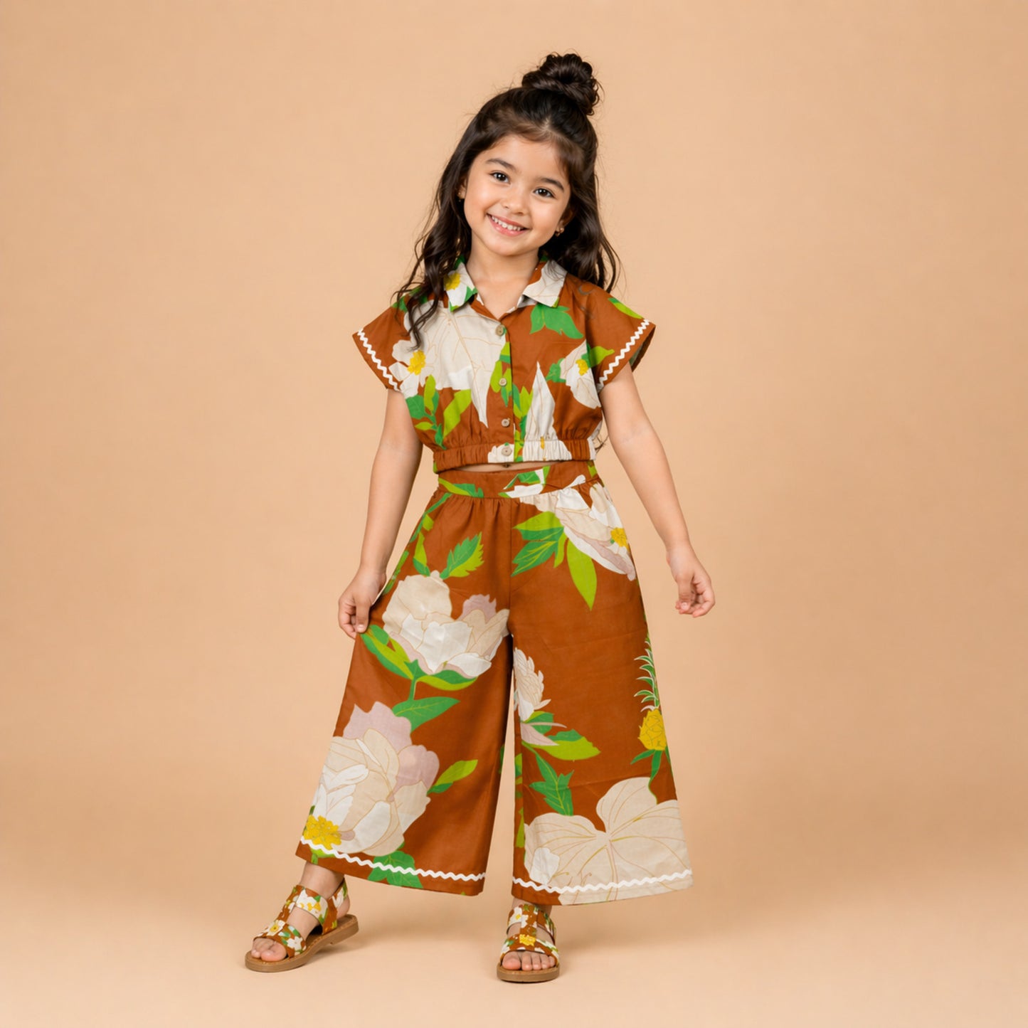 The Magic Wand Cambric Cotton Woven Half Sleeves Floral Printed Boxy Crop Shirt And Pant Set - Brown