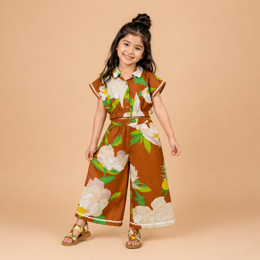 The Magic Wand Cambric Cotton Woven Half Sleeves Floral Printed Boxy Crop Shirt And Pant Set - Brown
