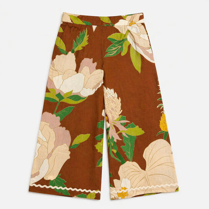 The Magic Wand Cambric Cotton Woven Half Sleeves Floral Printed Boxy Crop Shirt And Pant Set - Brown