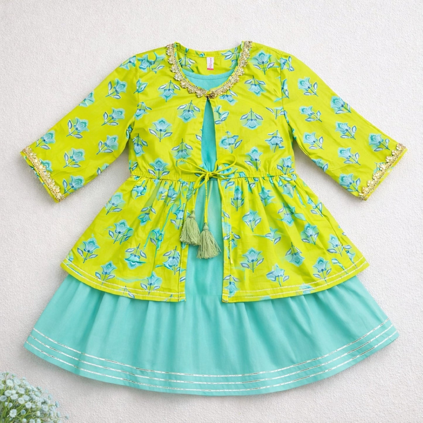 The Magic Wand Cambric Cotton Woven Three Fourth Sleeves Floral Printed Laced Shrug and Solid Flared Dress - Turquoise