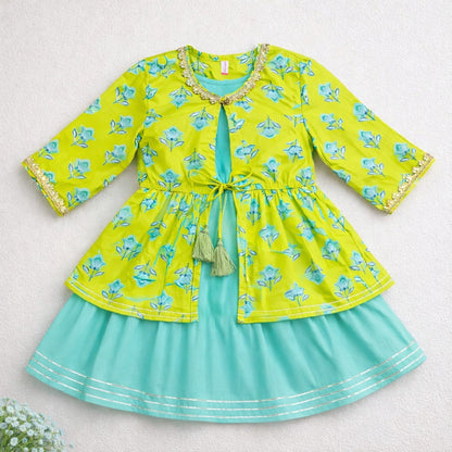 The Magic Wand Cambric Cotton Woven Three Fourth Sleeves Floral Printed Laced Shrug and Solid Flared Dress - Turquoise