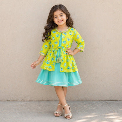 The Magic Wand Cambric Cotton Woven Three Fourth Sleeves Floral Printed Laced Shrug and Solid Flared Dress - Turquoise