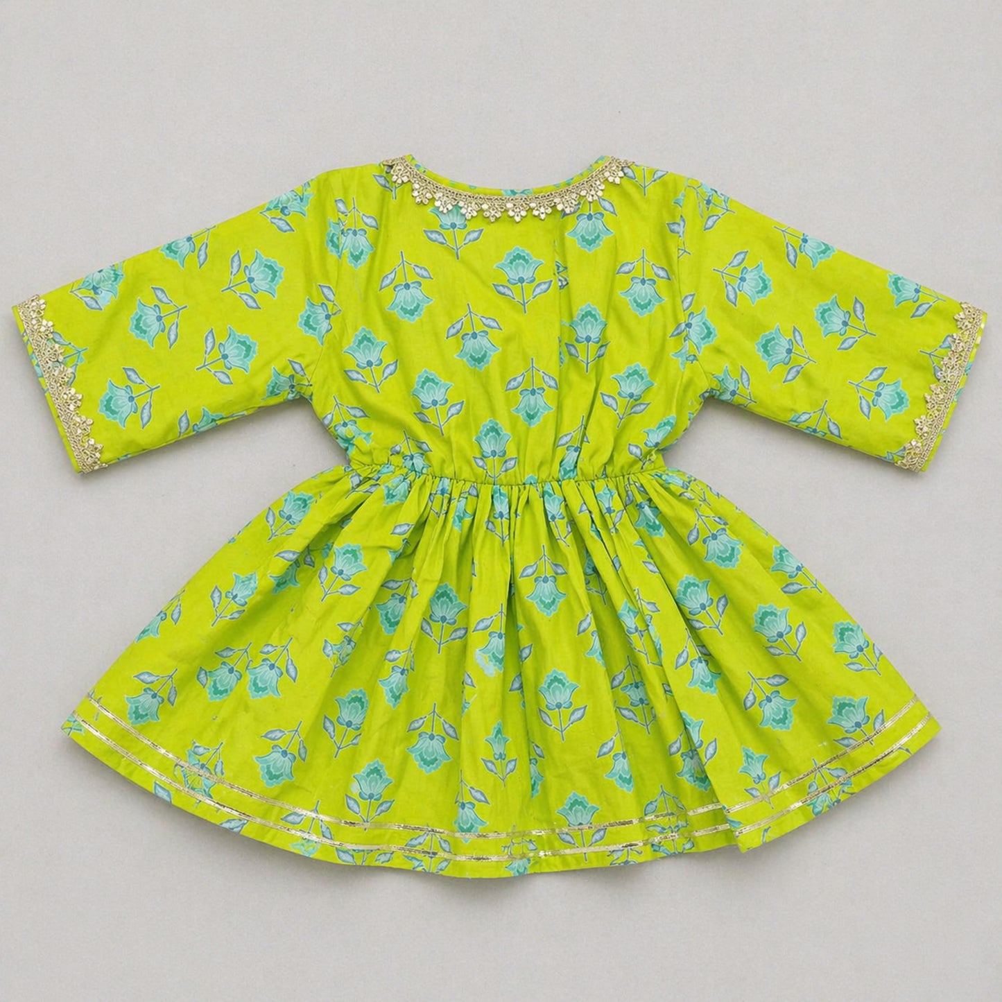 The Magic Wand Cambric Cotton Woven Three Fourth Sleeves Floral Printed Laced Shrug and Solid Flared Dress - Turquoise