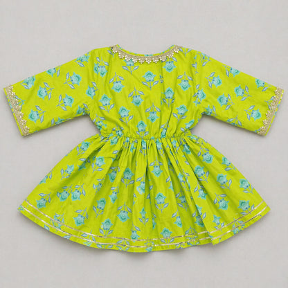 The Magic Wand Cambric Cotton Woven Three Fourth Sleeves Floral Printed Laced Shrug and Solid Flared Dress - Turquoise
