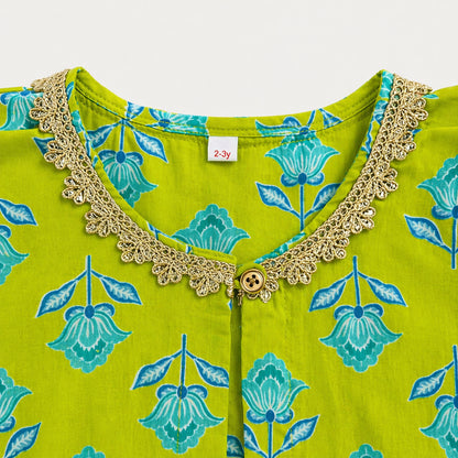 The Magic Wand Cambric Cotton Woven Three Fourth Sleeves Floral Printed Laced Shrug and Solid Flared Dress - Turquoise