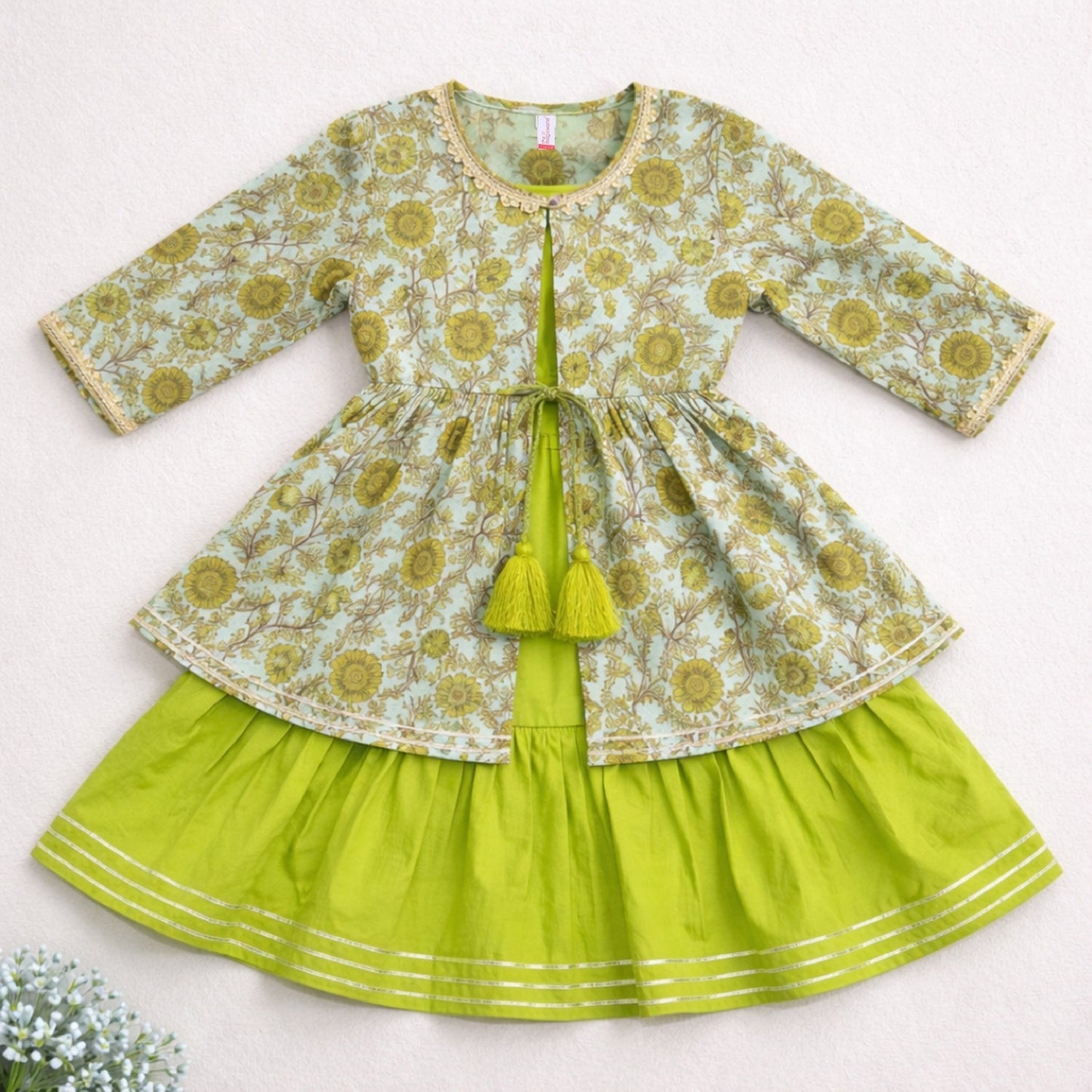 The Magic Wand Cambric Cotton Woven Three Fourth Sleeves Floral Printed Laced Shrug and Solid Flared Dress - Green
