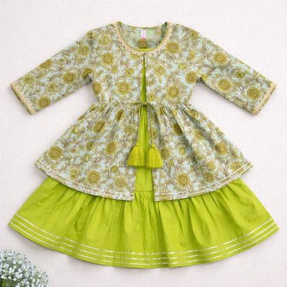 The Magic Wand Cambric Cotton Woven Three Fourth Sleeves Floral Printed Laced Shrug and Solid Flared Dress - Green