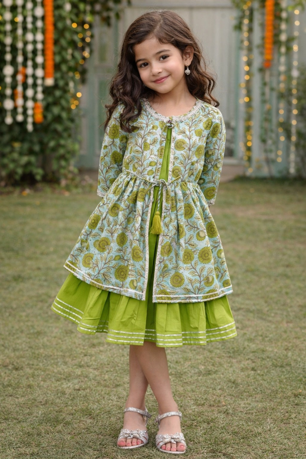 The Magic Wand Cambric Cotton Woven Three Fourth Sleeves Floral Printed Laced Shrug and Solid Flared Dress - Green