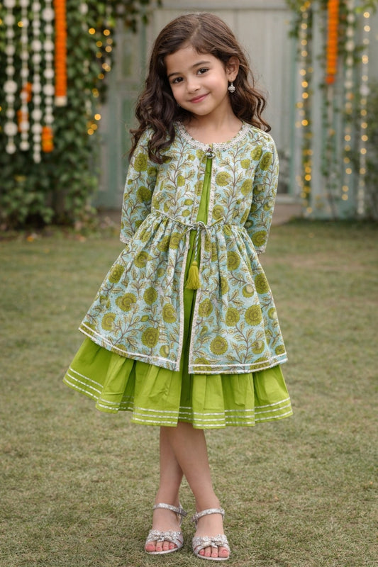 The Magic Wand Cambric Cotton Woven Three Fourth Sleeves Floral Printed Laced Shrug and Solid Flared Dress - Green