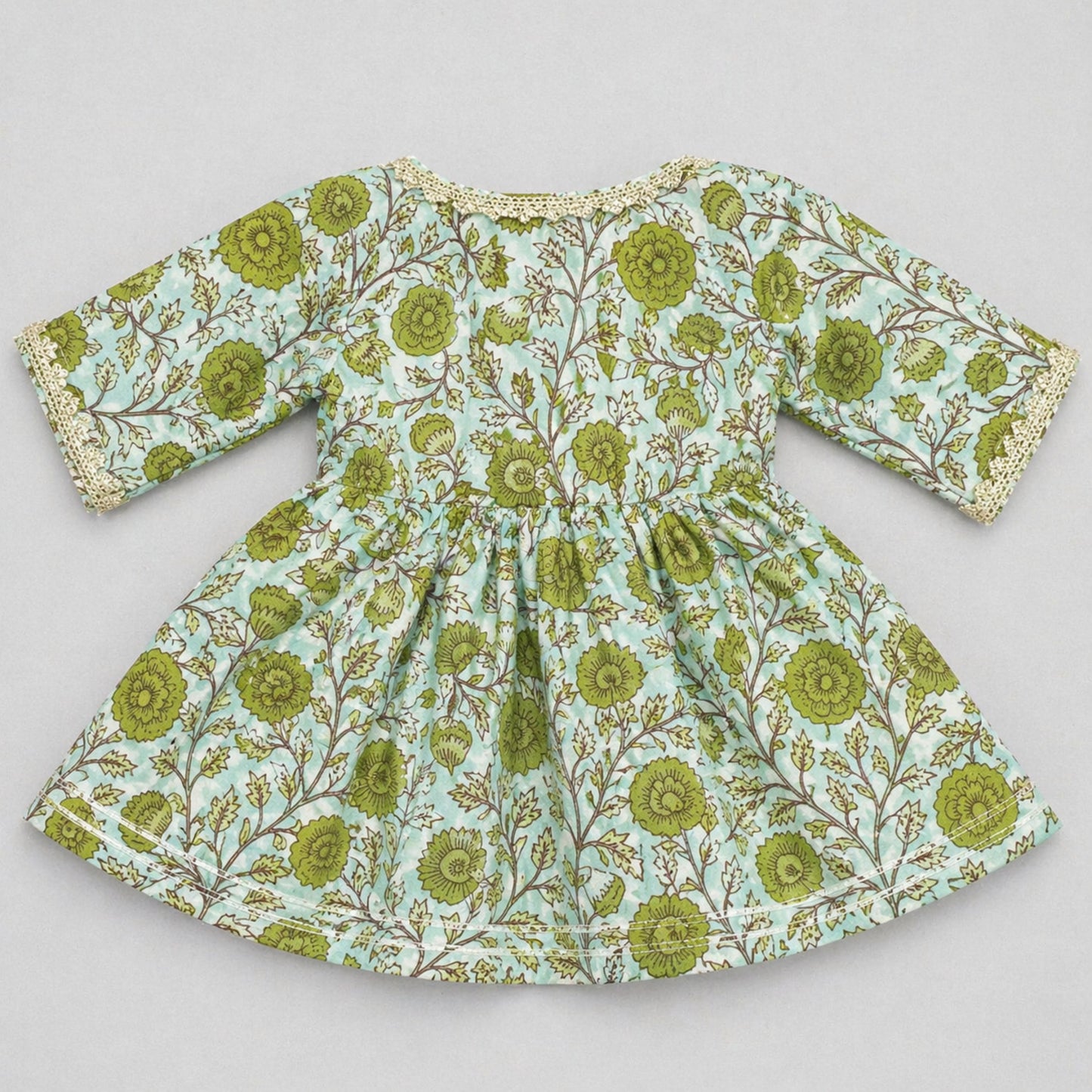 The Magic Wand Cambric Cotton Woven Three Fourth Sleeves Floral Printed Laced Shrug and Solid Flared Dress - Green