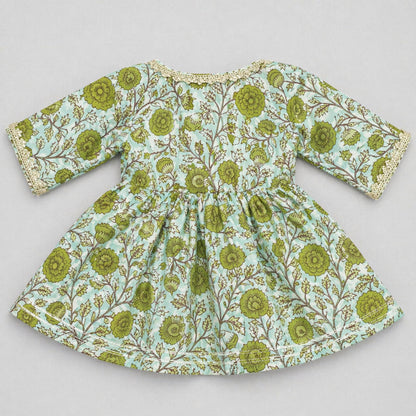 The Magic Wand Cambric Cotton Woven Three Fourth Sleeves Floral Printed Laced Shrug and Solid Flared Dress - Green