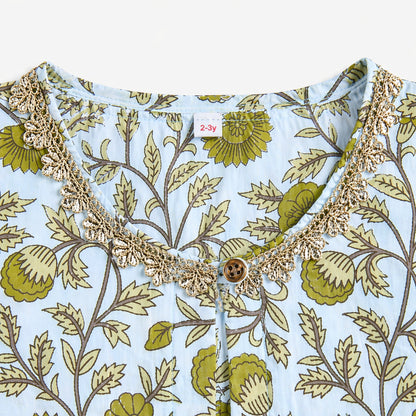 The Magic Wand Cambric Cotton Woven Three Fourth Sleeves Floral Printed Laced Shrug and Solid Flared Dress - Green