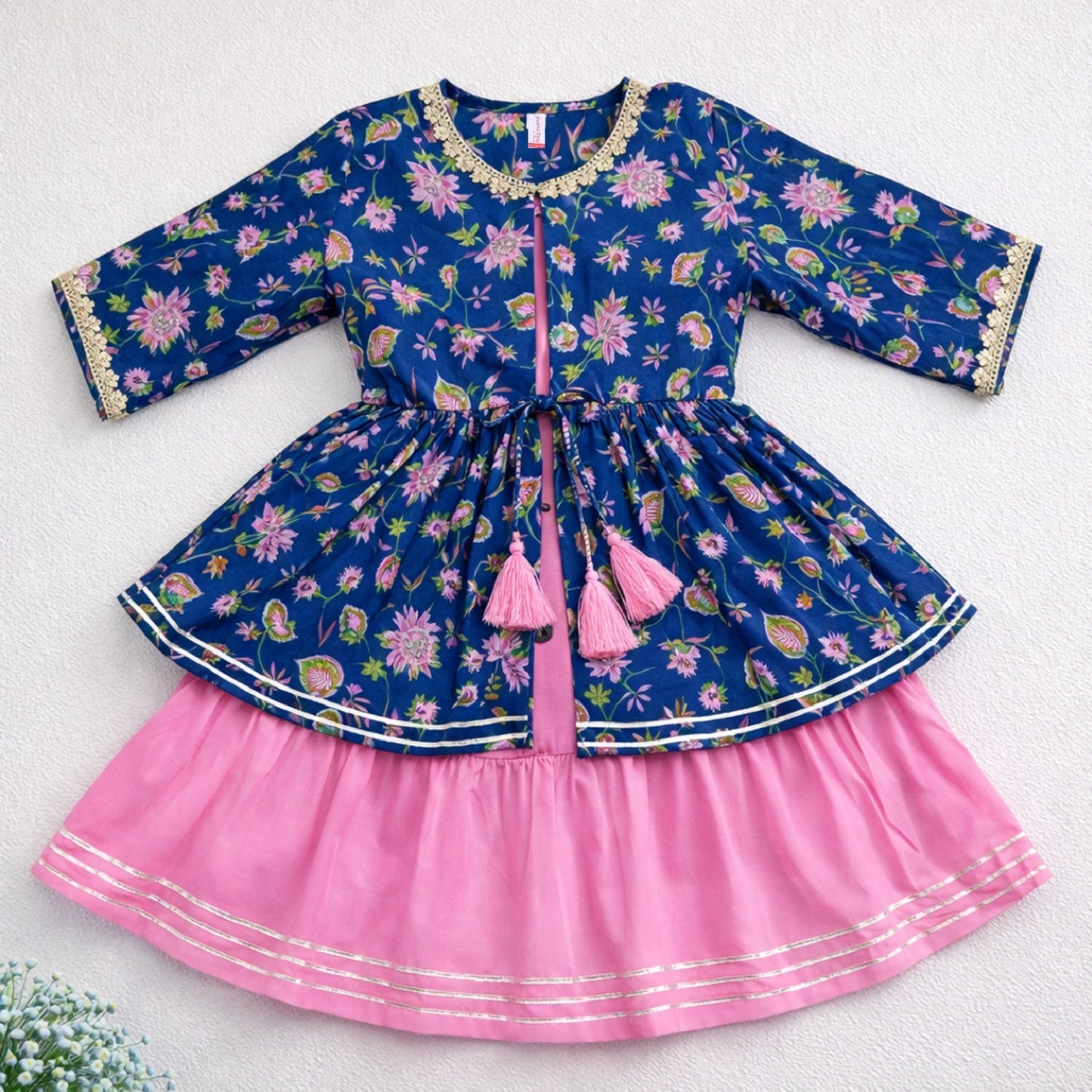 The Magic Wand Cambric Cotton Woven Three Fourth Sleeves Floral Printed Laced Shrug and Solid Flared Dress - Pink