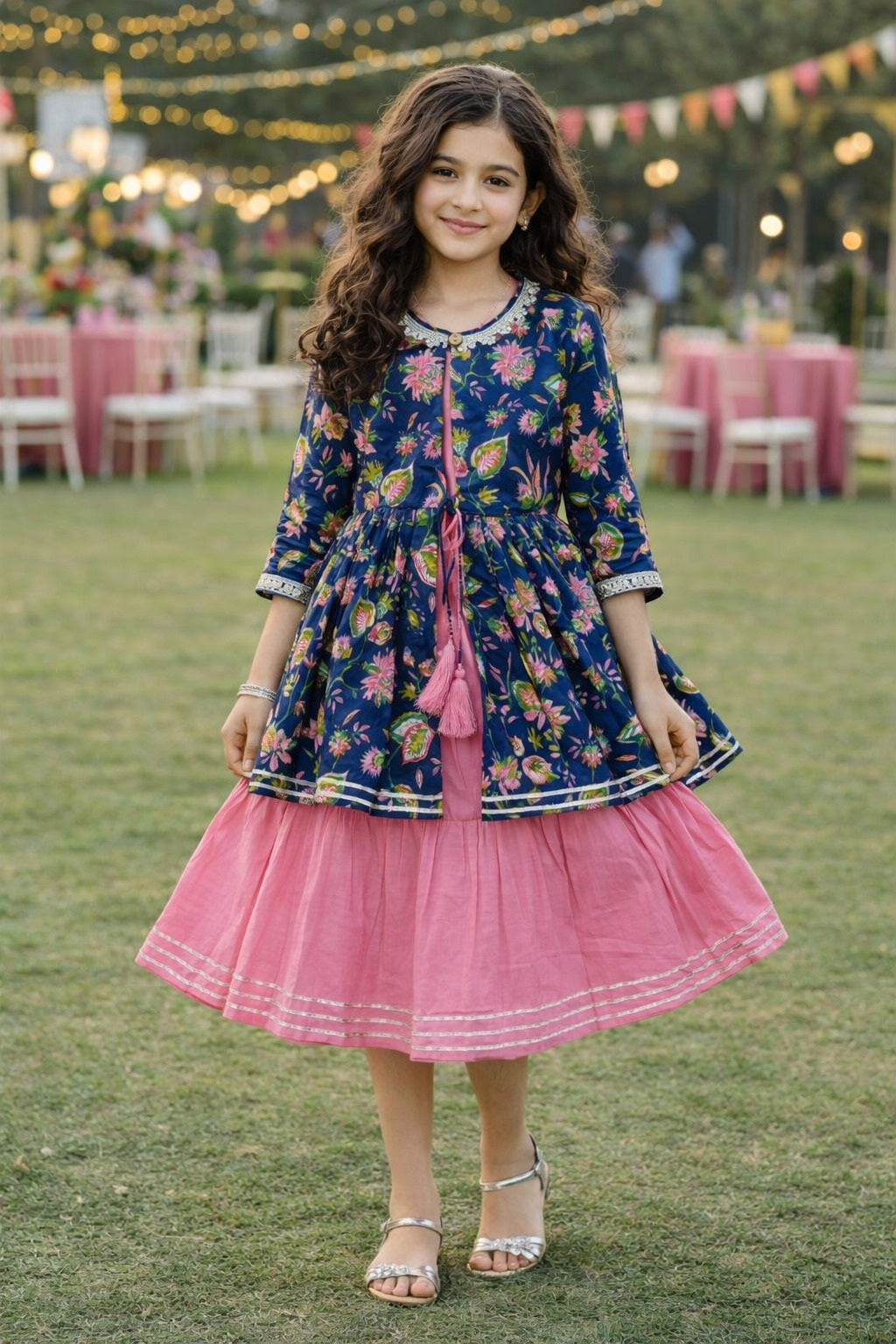 The Magic Wand Cambric Cotton Woven Three Fourth Sleeves Floral Printed Laced Shrug and Solid Flared Dress - Pink