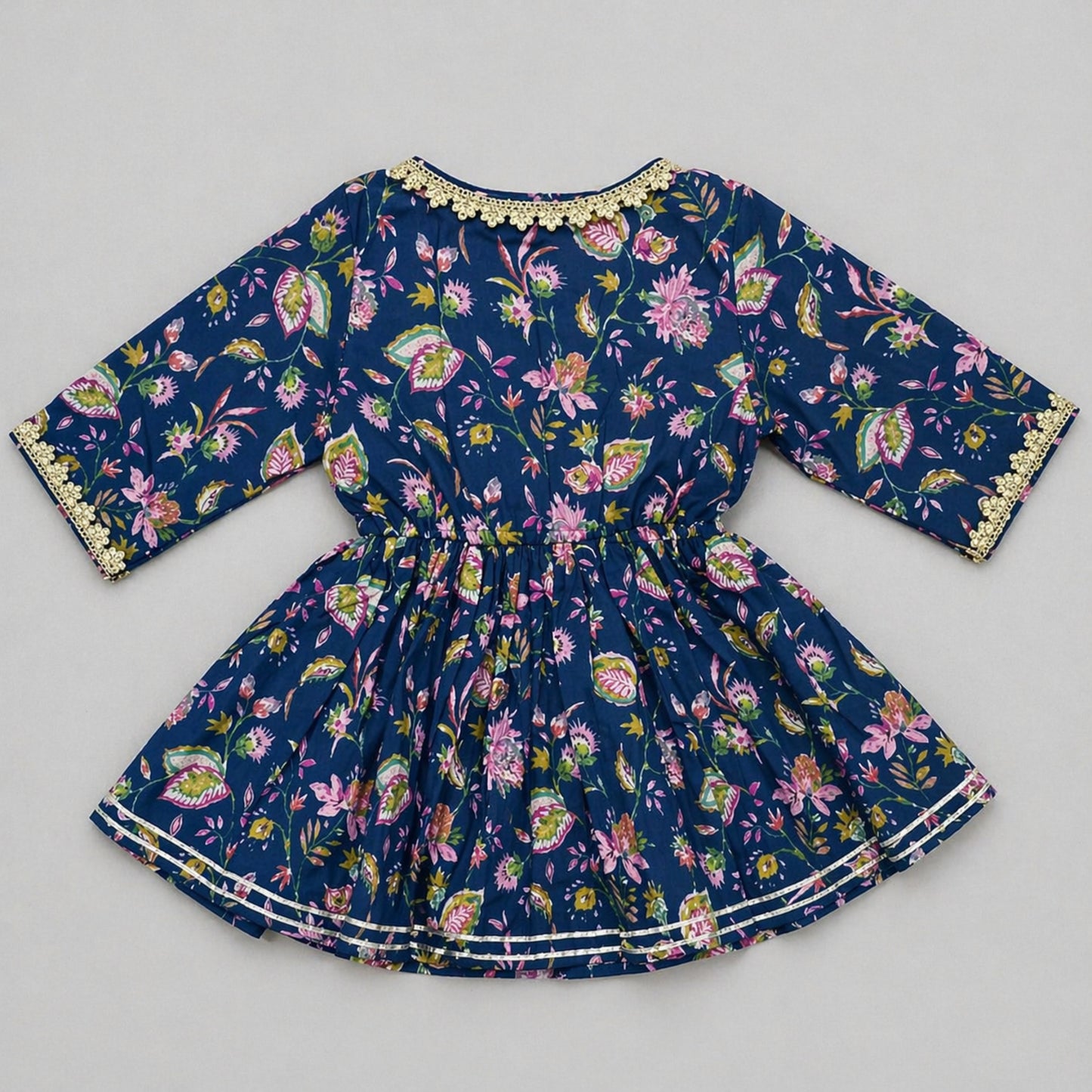 The Magic Wand Cambric Cotton Woven Three Fourth Sleeves Floral Printed Laced Shrug and Solid Flared Dress - Pink