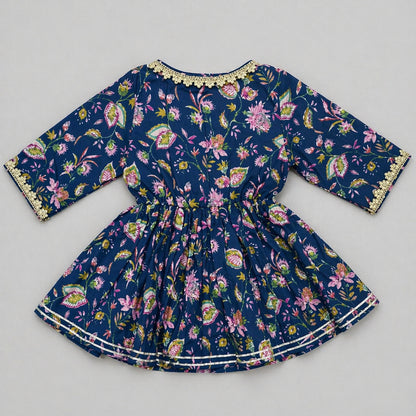 The Magic Wand Cambric Cotton Woven Three Fourth Sleeves Floral Printed Laced Shrug and Solid Flared Dress - Pink