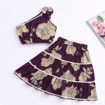 The Magic Wand Cambric Cotton Woven One Shoulder Floral Printed Laced Top And Tiered Skirt Set - Plum