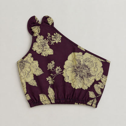 The Magic Wand Cambric Cotton Woven One Shoulder Floral Printed Laced Top And Tiered Skirt Set - Plum