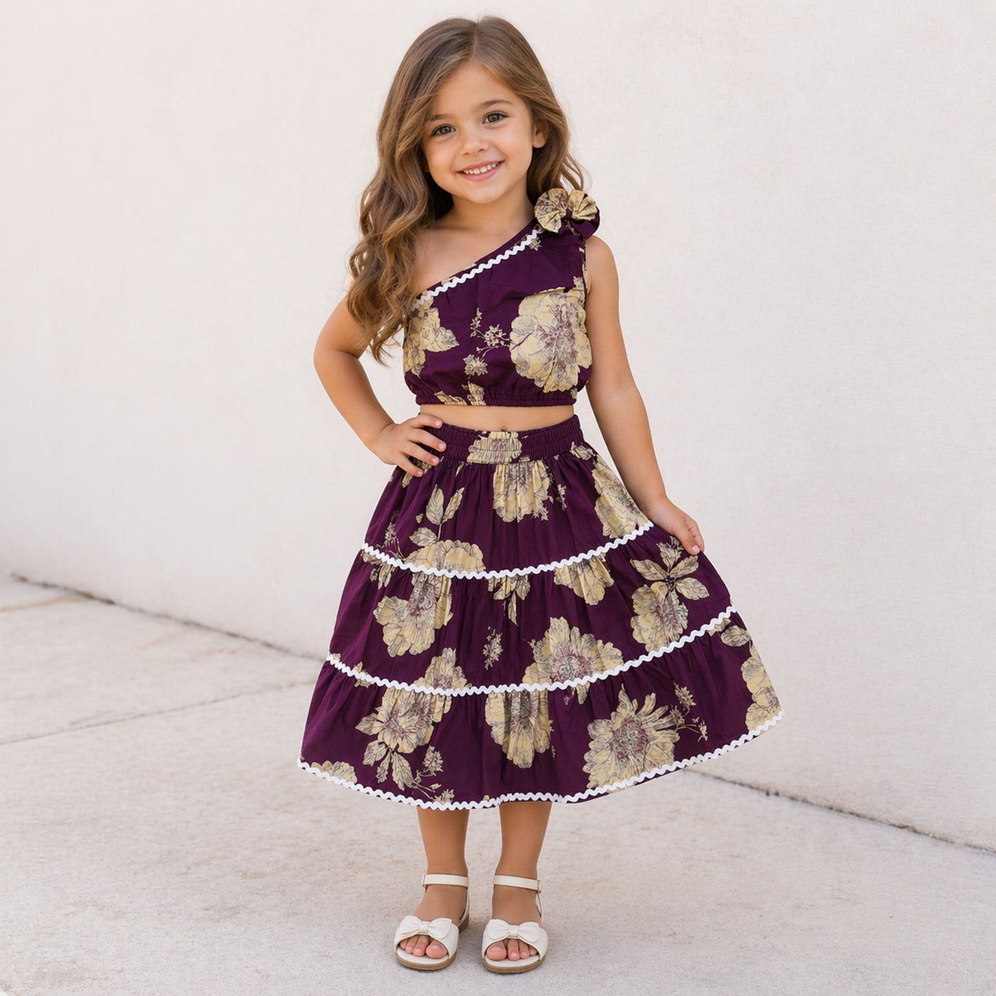 The Magic Wand Cambric Cotton Woven One Shoulder Floral Printed Laced Top And Tiered Skirt Set - Plum
