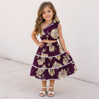 The Magic Wand Cambric Cotton Woven One Shoulder Floral Printed Laced Top And Tiered Skirt Set - Plum