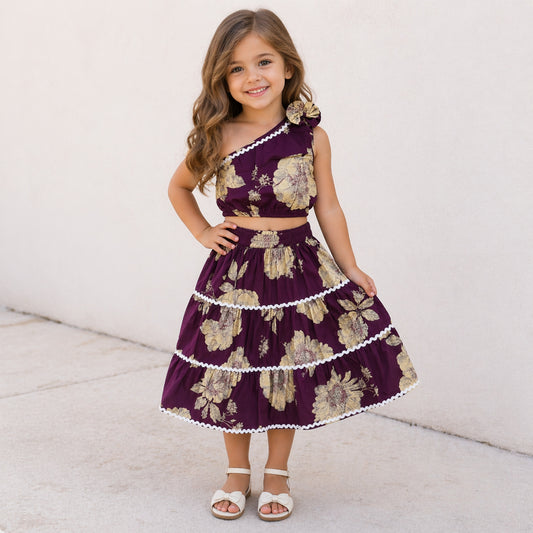 The Magic Wand Cambric Cotton Woven One Shoulder Floral Printed Laced Top And Tiered Skirt Set - Plum