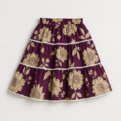 The Magic Wand Cambric Cotton Woven One Shoulder Floral Printed Laced Top And Tiered Skirt Set - Plum