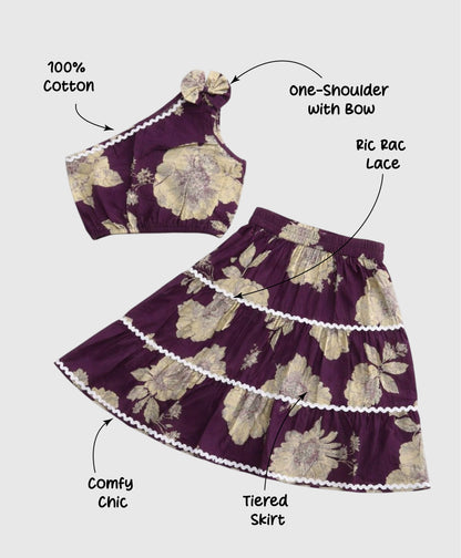 The Magic Wand Cambric Cotton Woven One Shoulder Floral Printed Laced Top And Tiered Skirt Set - Plum