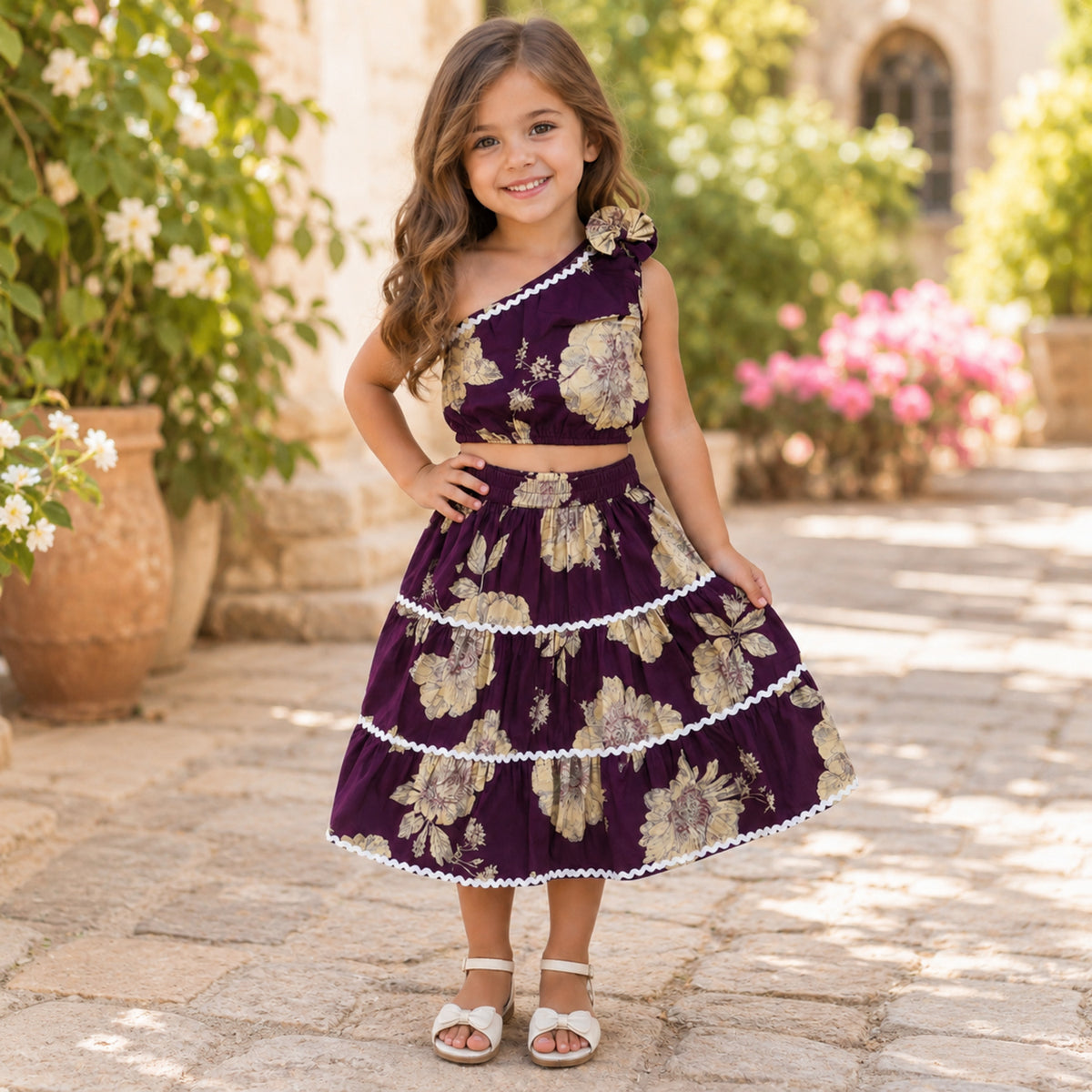 The Magic Wand Cambric Cotton Woven One Shoulder Floral Printed Laced Top And Tiered Skirt Set - Plum