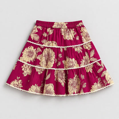 The Magic Wand Cambric Cotton Woven One Shoulder Floral Printed Laced Top And Tiered Skirt Set - Fuchsia